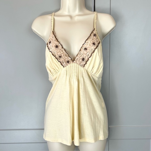 NWT Y2K Womens LG Babydoll Camisole Top Cream Lace Beaded Romantic Boho Strappy - Picture 2 of 9